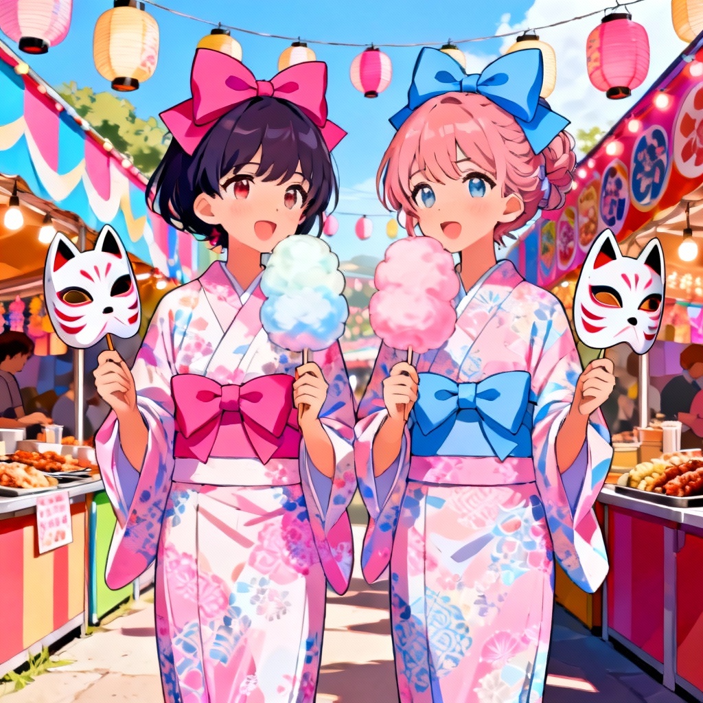 AI anime twins in pastel yukata at matsuri
