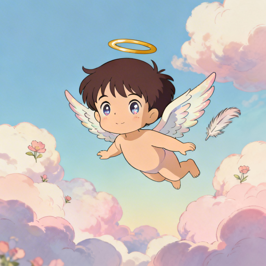 Anime cherub with small halo floating in pastel clouds