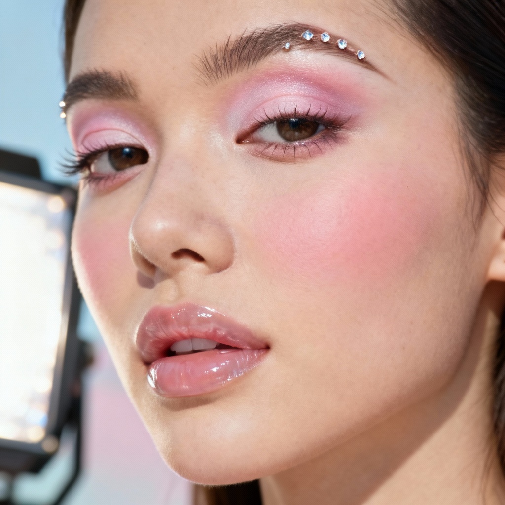 AI Y2K makeup soft baby pink gloss and frosted lid