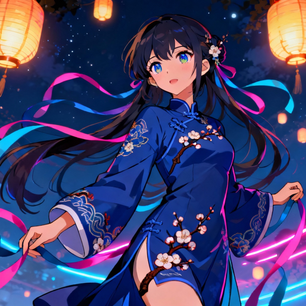 AI anime character wearing blue hanfu with ribbons