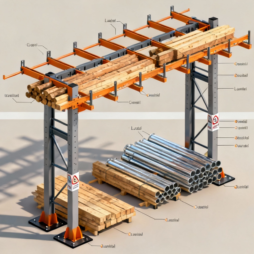 Cantilever racking system for lumber and pipes