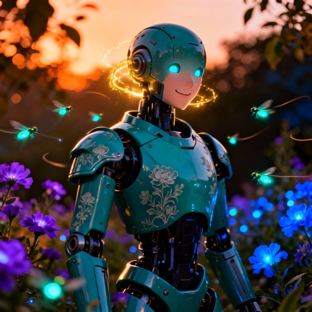 AI yandere robot in bioluminescent garden at dusk
