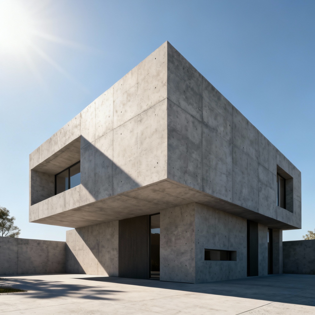 AI architectural exterior with clear noon sun and sharp shadows