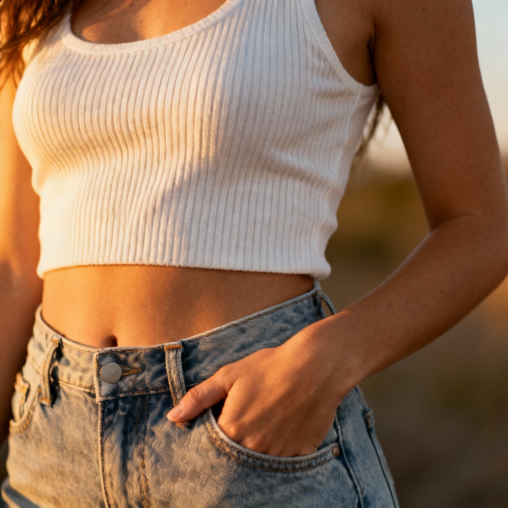 AI ribbed white crop top with high-waisted jeans