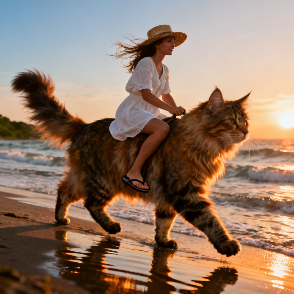 Realistic woman riding a Maine Coon on a sunset beach