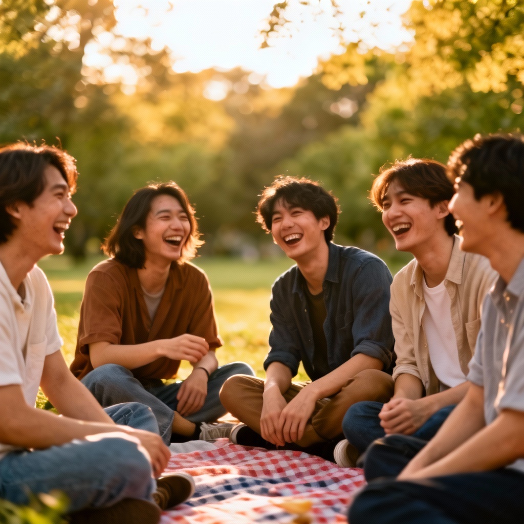 AI candid lifestyle friends laughing at picnic