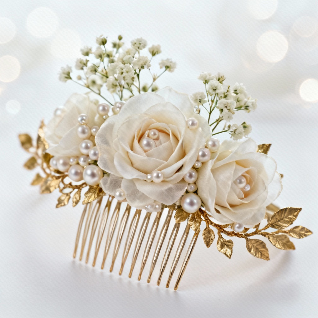 Bridal rose hair comb with pearls and gold leaves