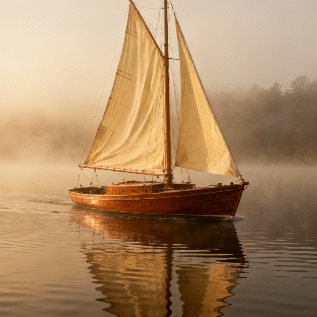 AI classic wooden sailboat on misty lake