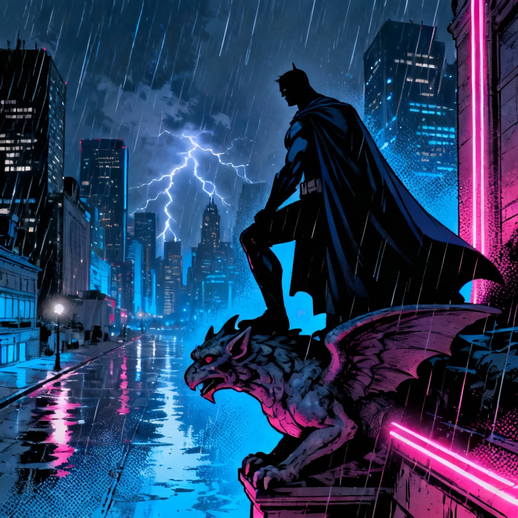 AI DC-style superhero on neon city skyline at night