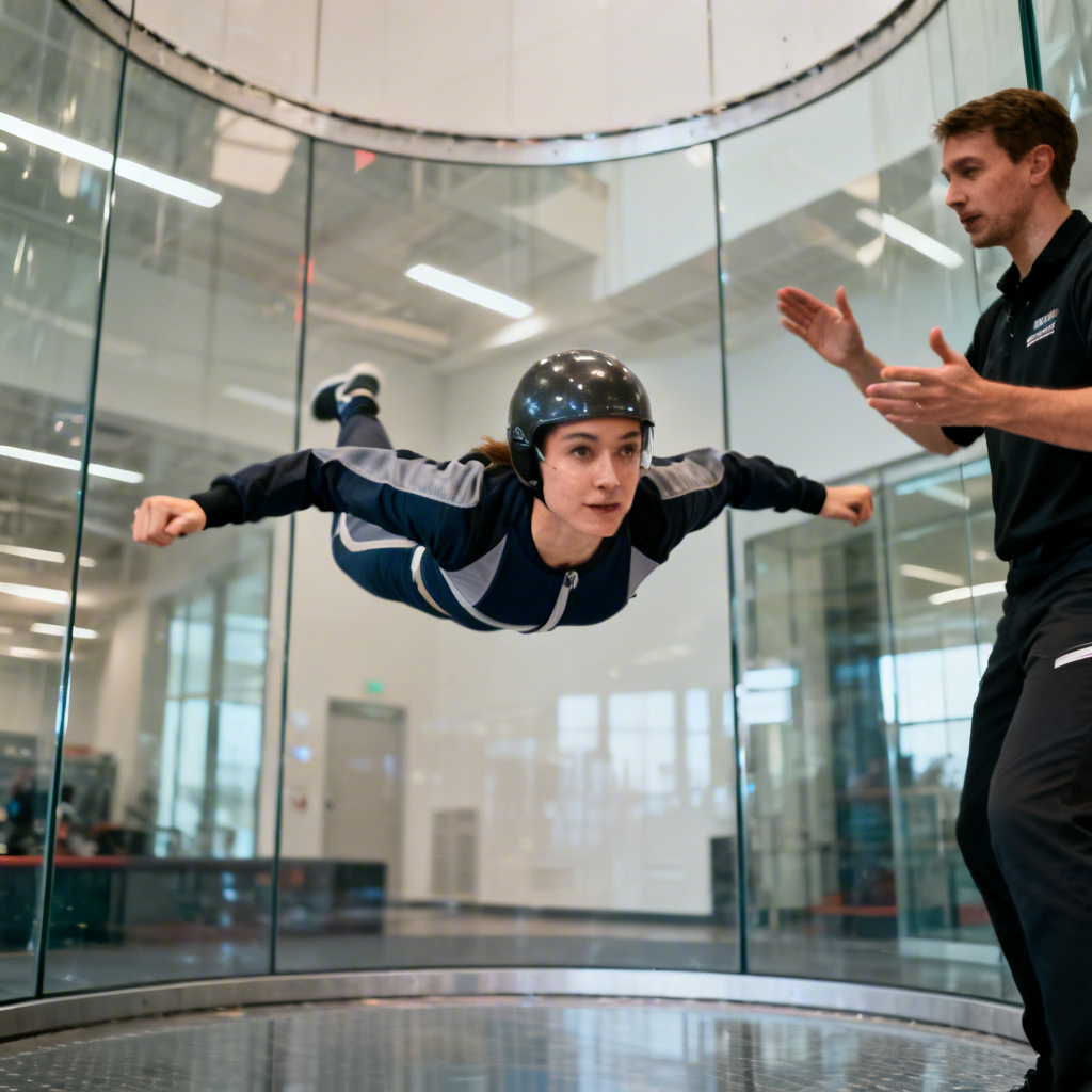 AI indoor skydiving wind tunnel practice scene