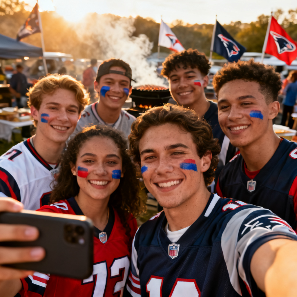 AI tailgate group selfie sports fans
