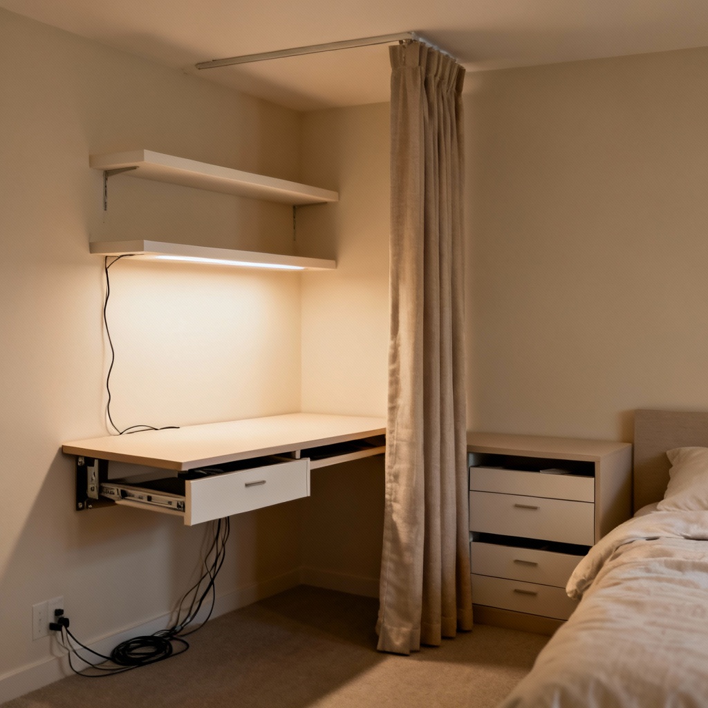 AI compact bedroom workstation with folding desk and floating storage