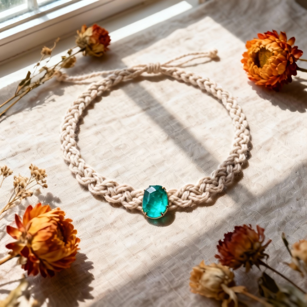 AI boho macrame gemstone choker flat lay