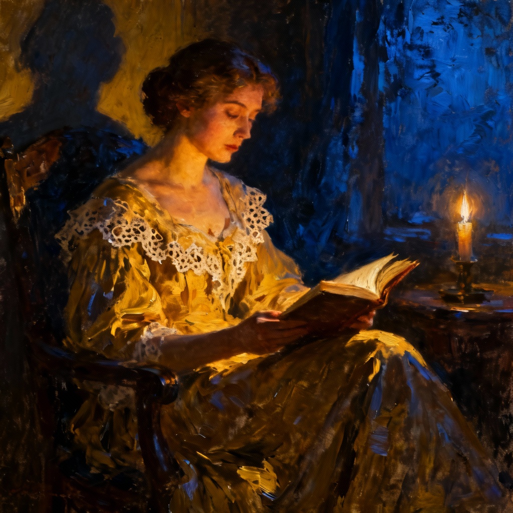 Vintage oil painting of a woman reading by candlelight