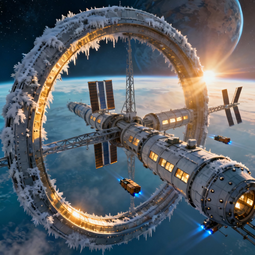 AI orbital ring space station at sunrise above Earth