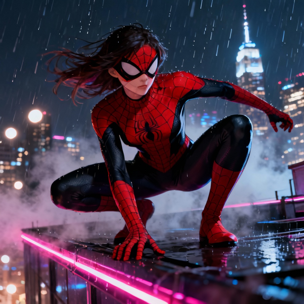 AI Spider Girl Heroine On Neon Rooftop At Night
