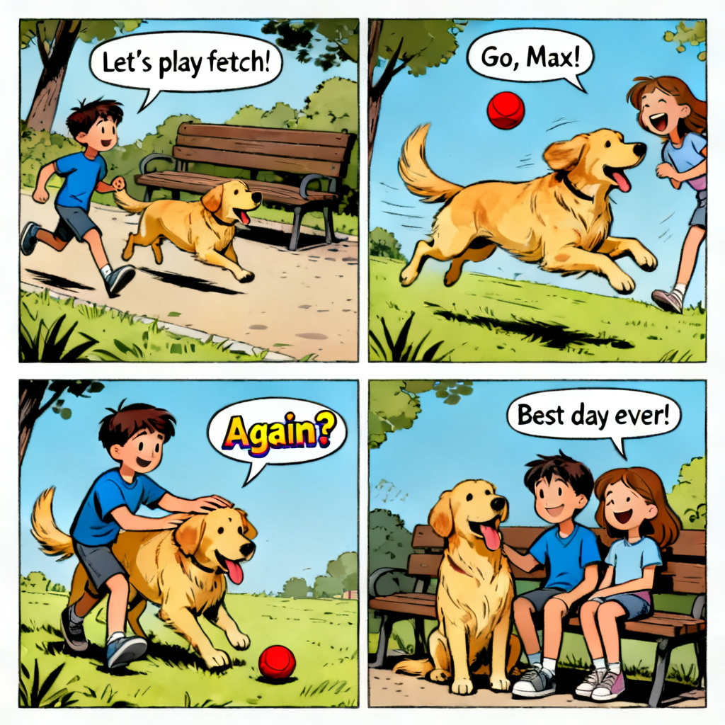 AI comic strip of kids and dog playing in a sunny park
