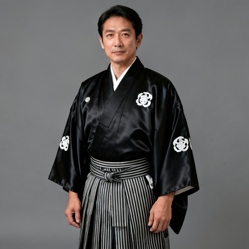 AI formal black montsuki kimono with family crest