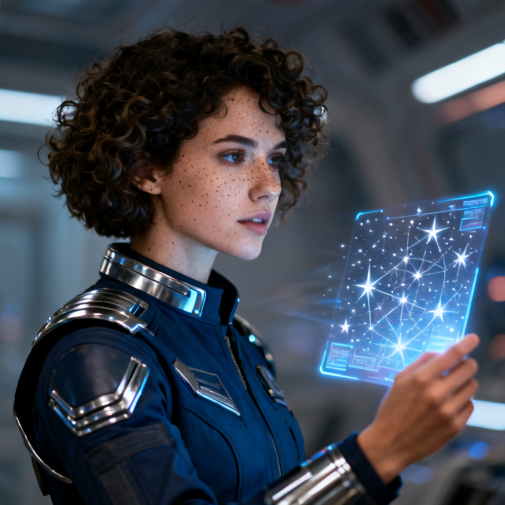 AI Starborn Navigator original character in sci-fi cockpit