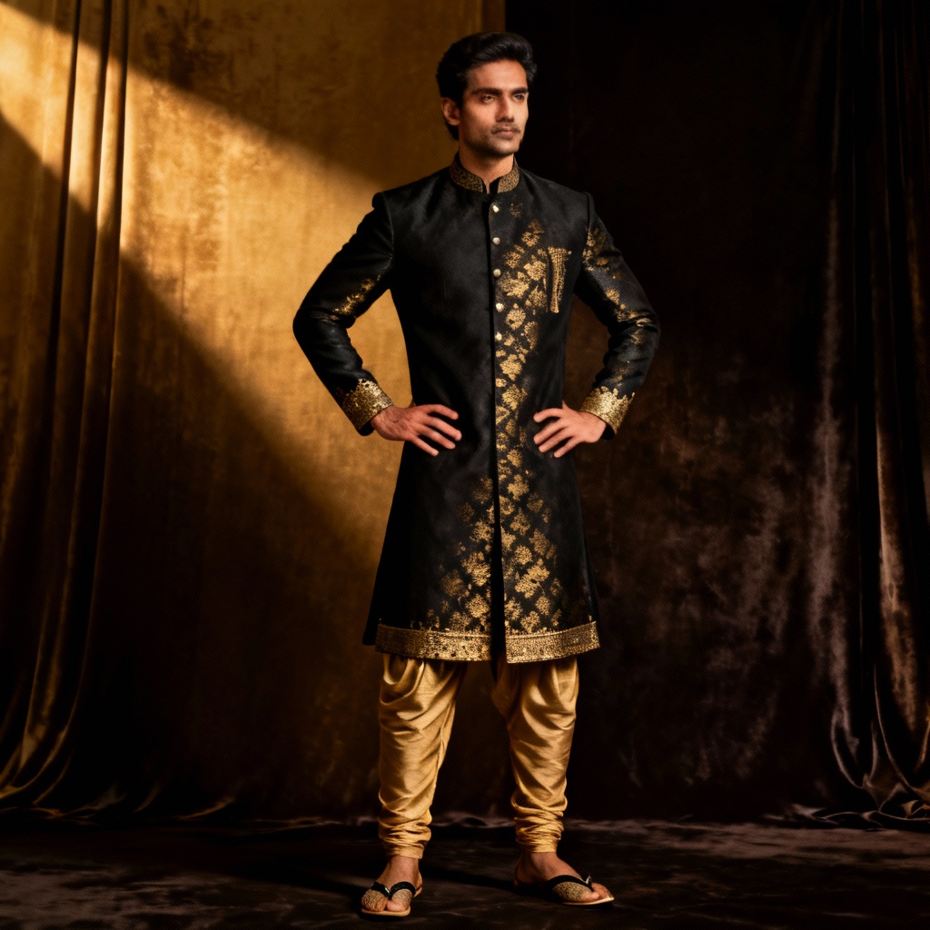 AI sherwani outfit with classic black and gold brocade