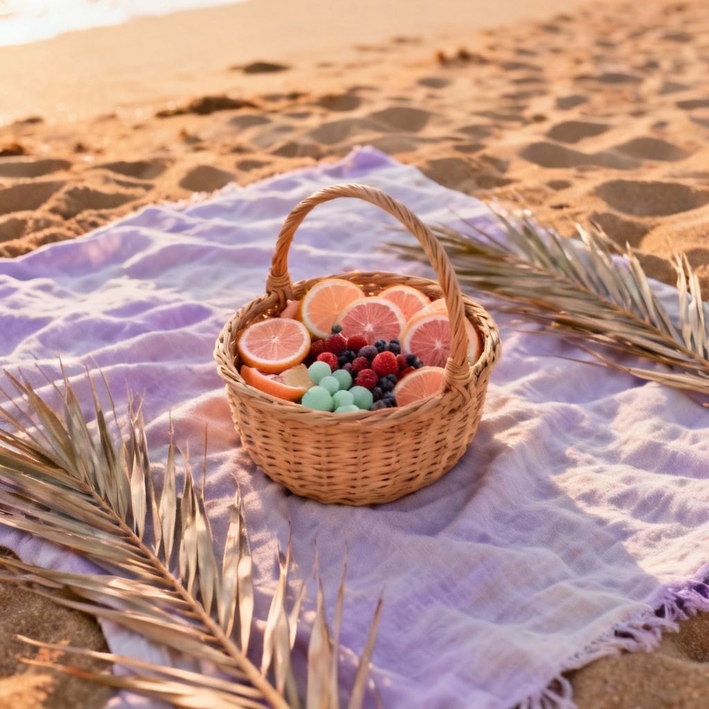 Boho beach picnic with rattan basket and pastel linens