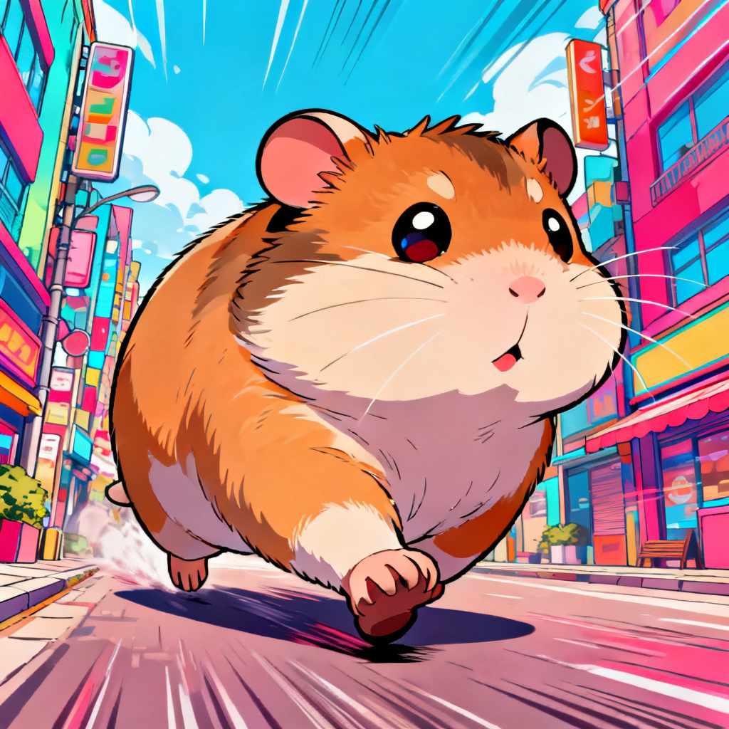 Cute anime giant hamster in a colorful downtown street