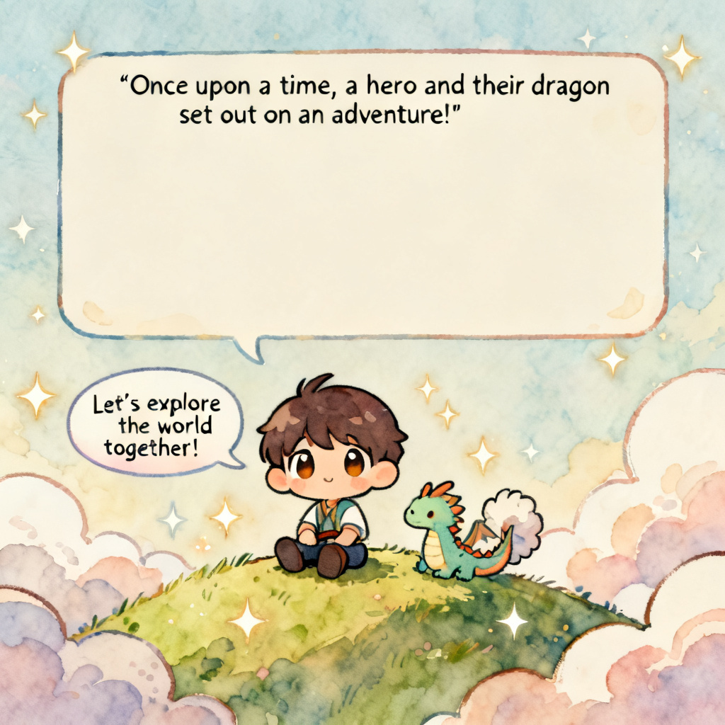 AI chibi fantasy cartoon book page with hero and dragon
