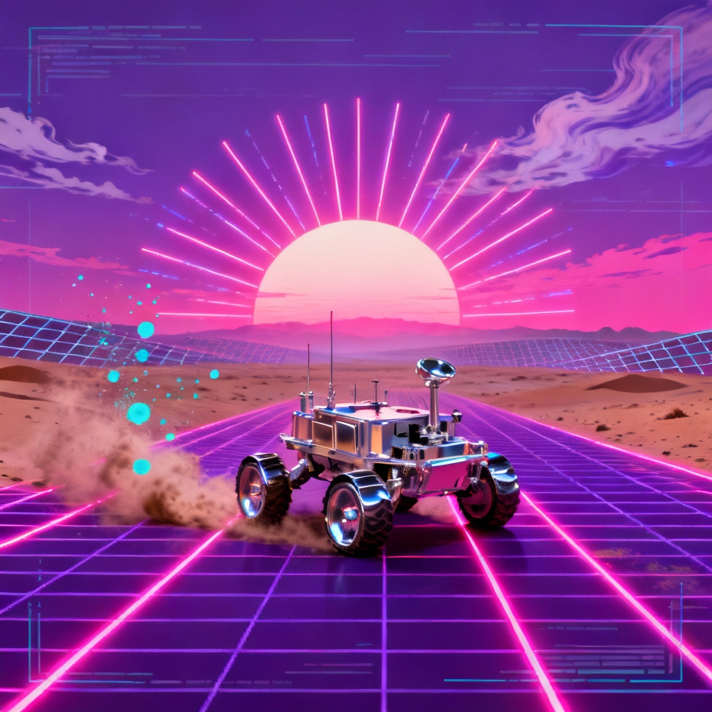 AI sci fi synthwave rover in neon desert