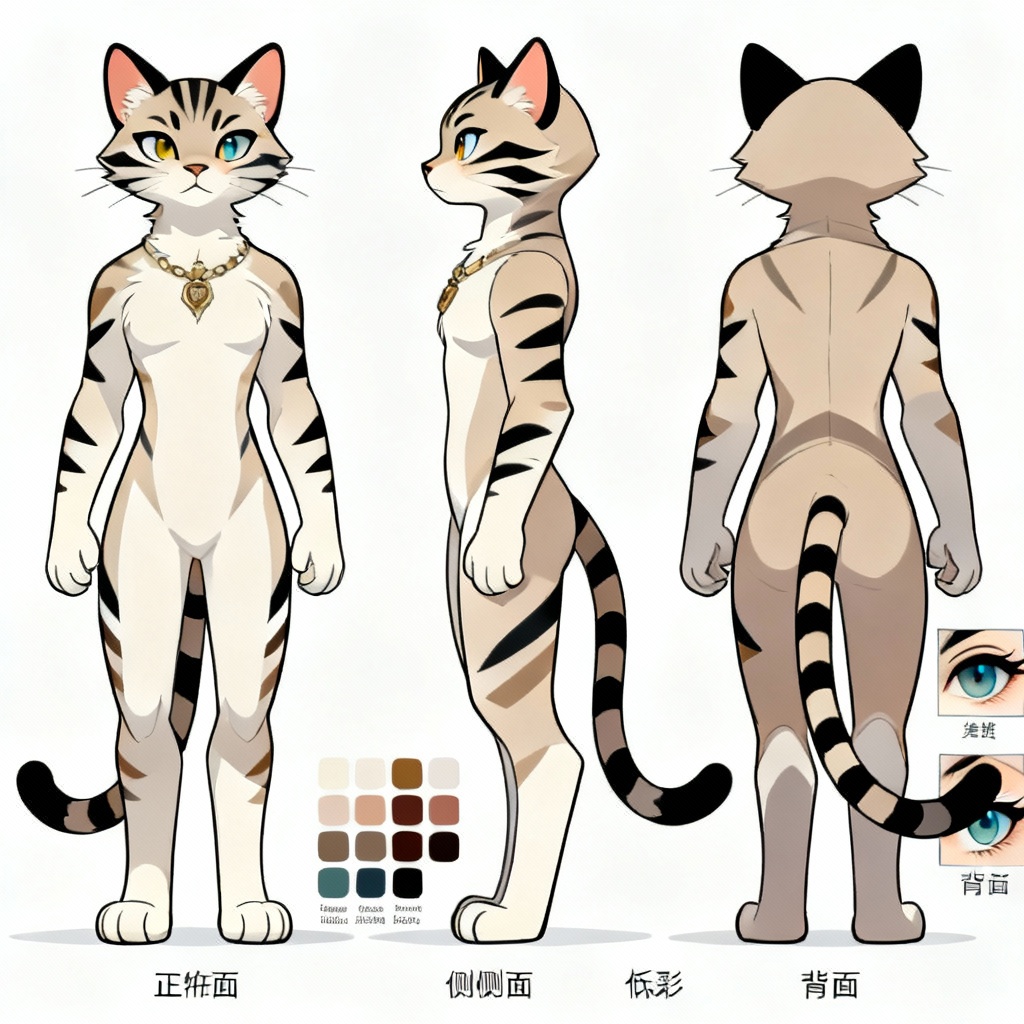 AI feline fursona reference sheet with multiple views and palette