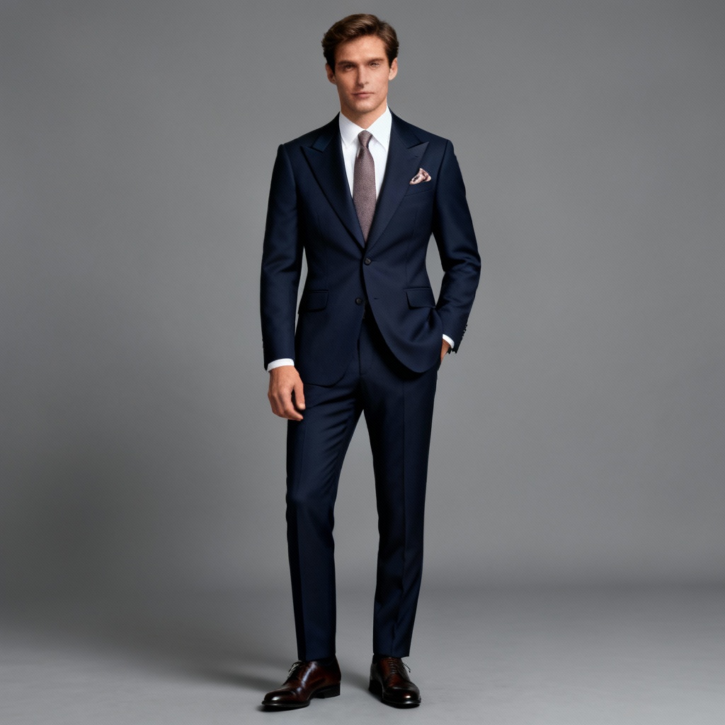 AI model in navy blue peak lapel suit under studio lighting