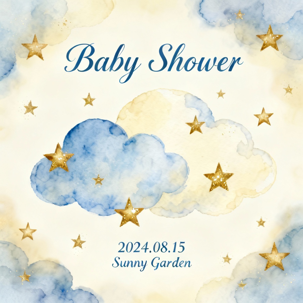 AI baby shower invitation with watercolor clouds and stars