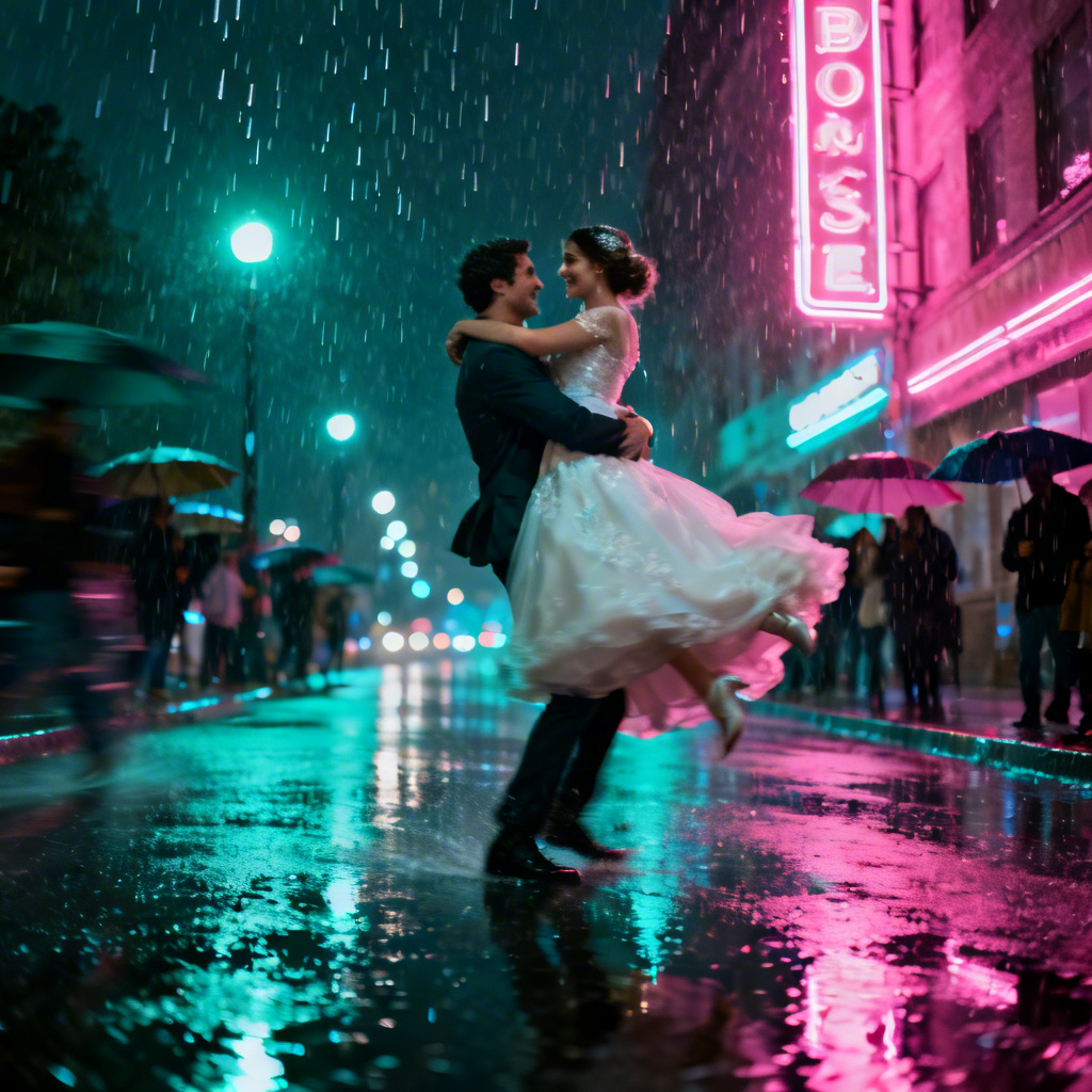 Urban rain bridal carry with neon reflections