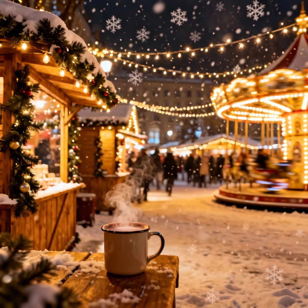AI snowy Christmas market with lights
