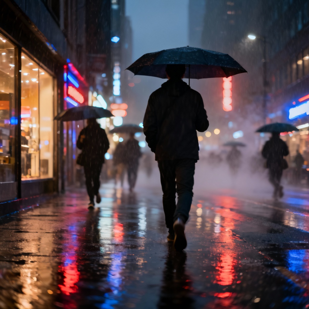 AI rainy night pedestrians with umbrellas