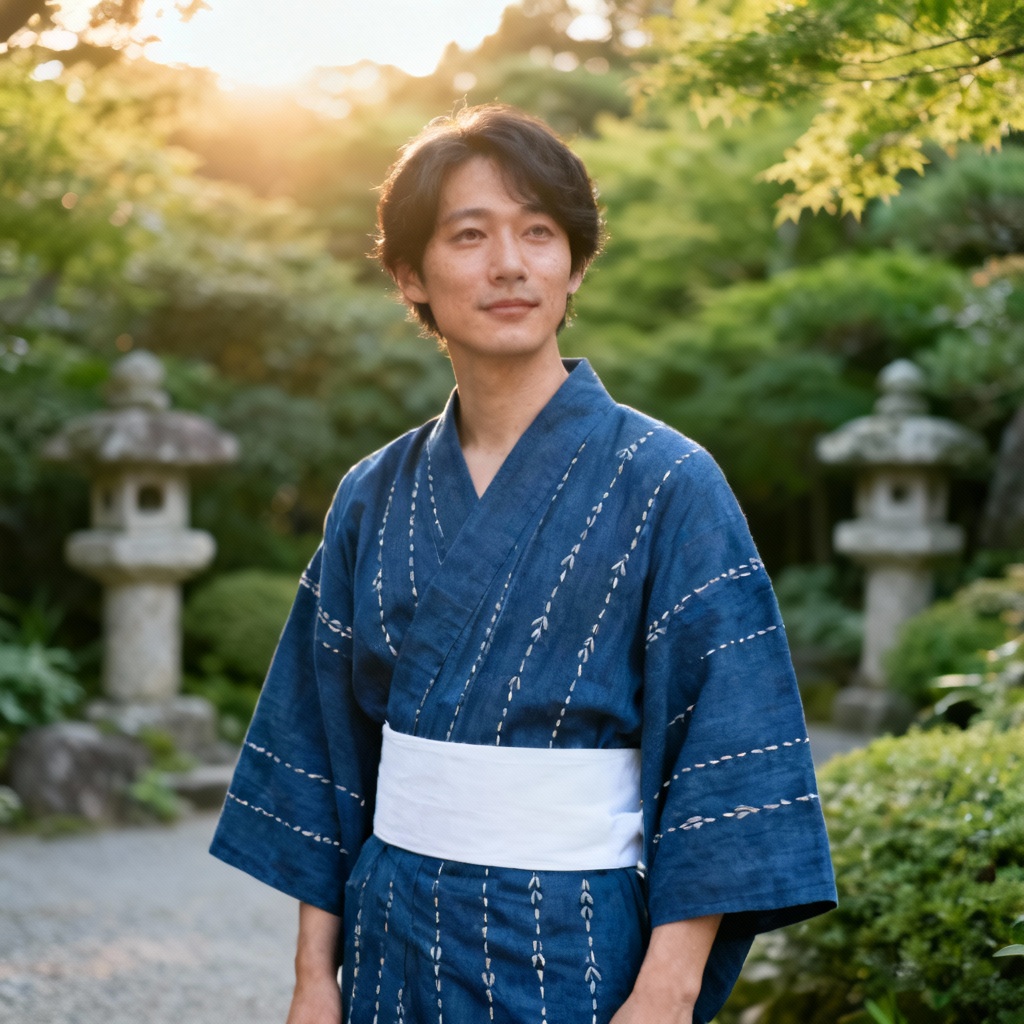 AI minimalist indigo yukata with sashiko texture