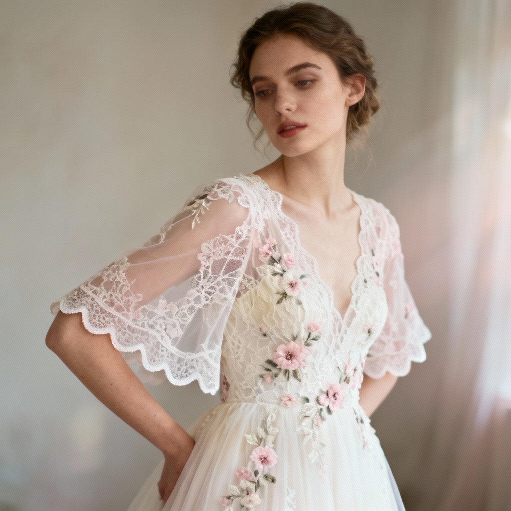 AI lace outfit bridal gown render in ivory Chantilly lace