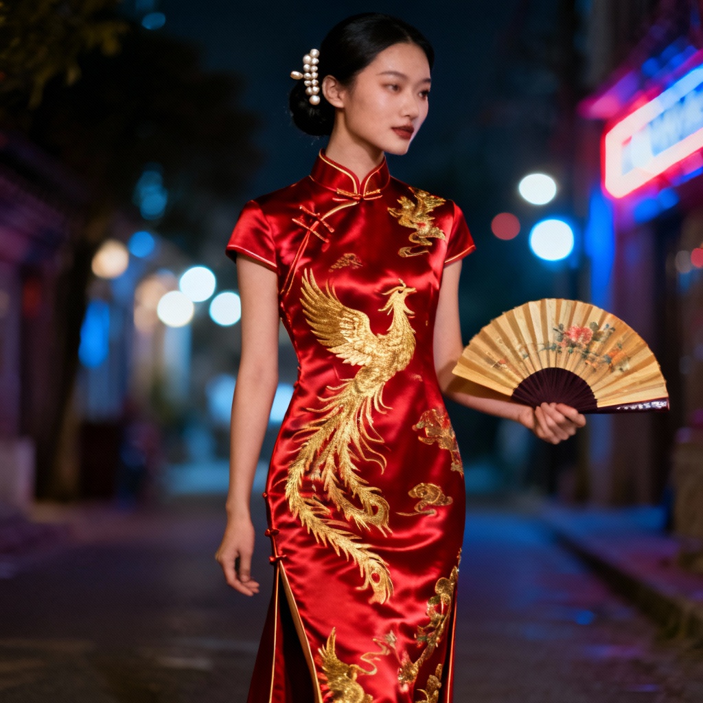 AI phoenix-embroidered red qipao bridal look