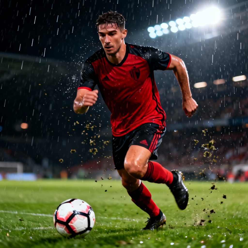 AI soccer player sprinting at night in stadium