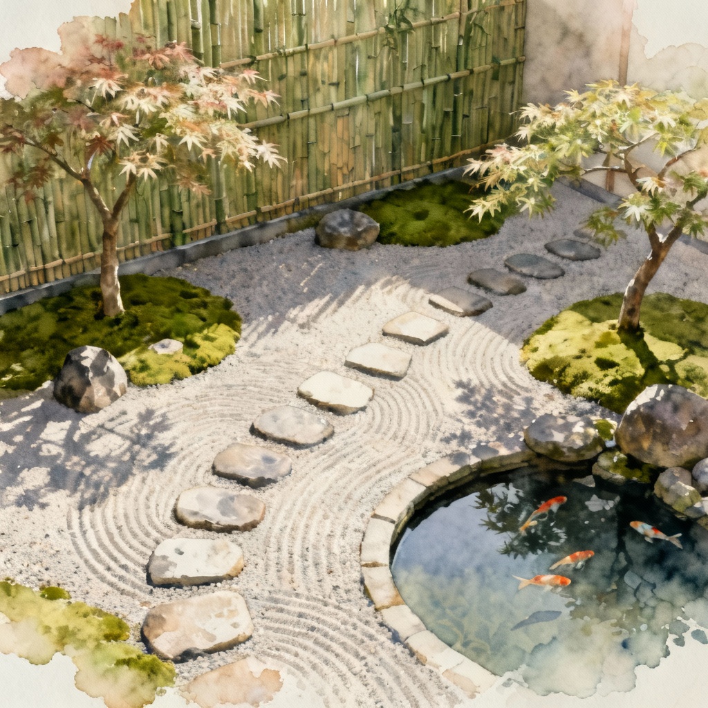 AI zen courtyard landscape plan with gravel, stones, and koi pond