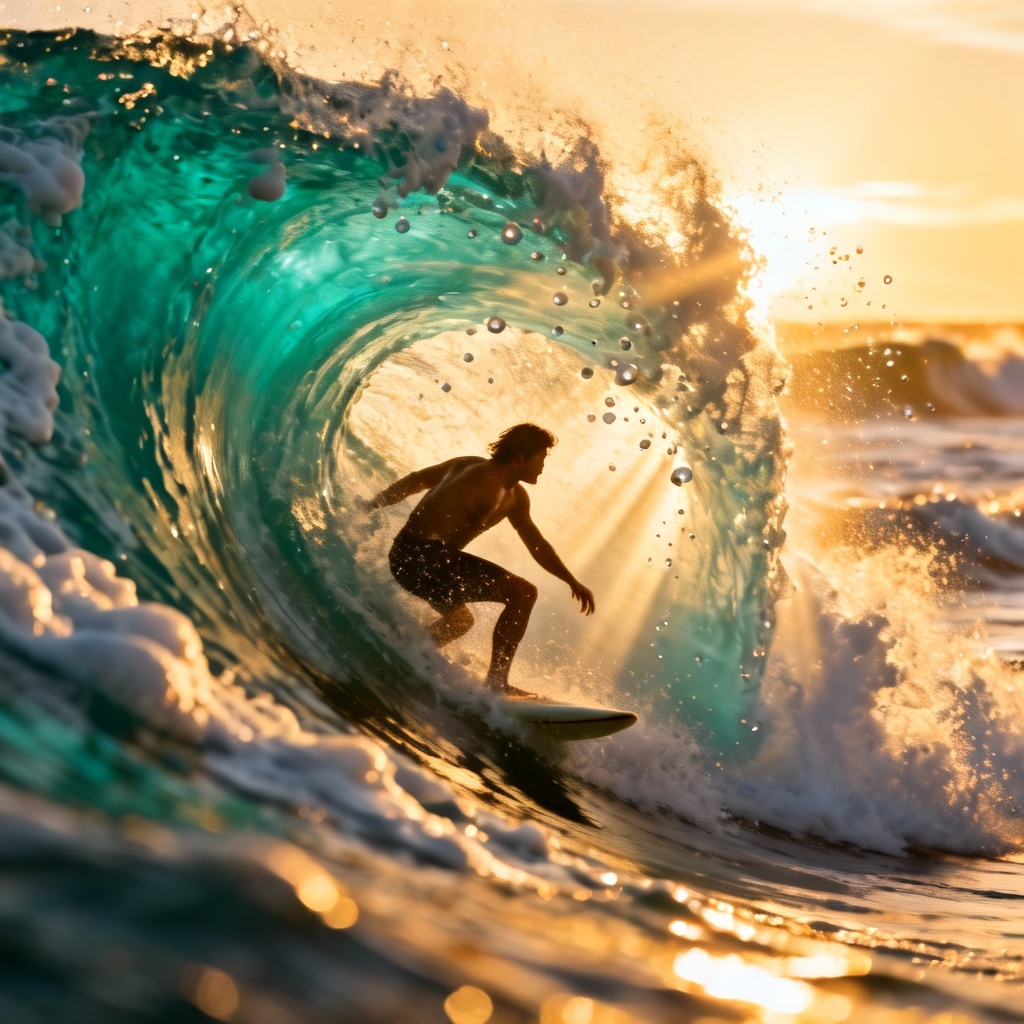 Surfer carving a golden-hour wave with dramatic spray
