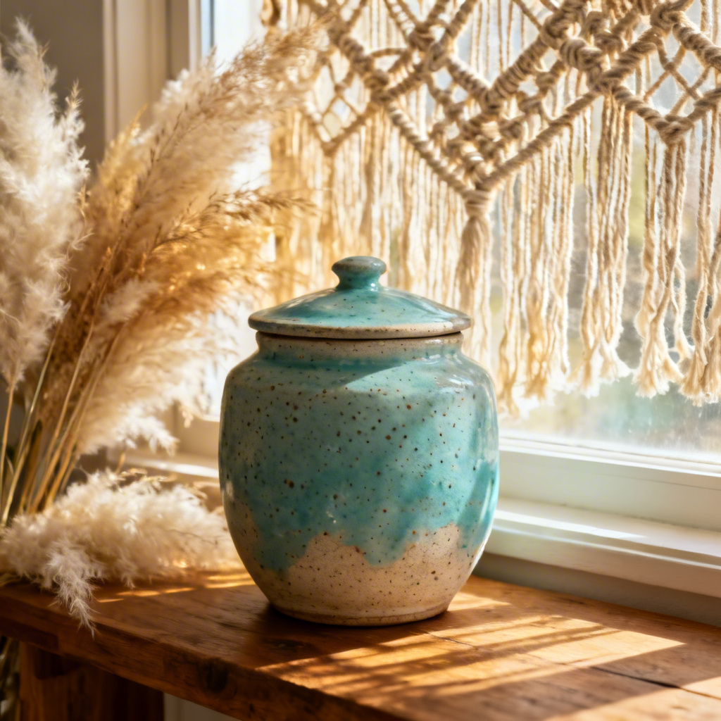 Boho turquoise lidded jar with speckled glaze