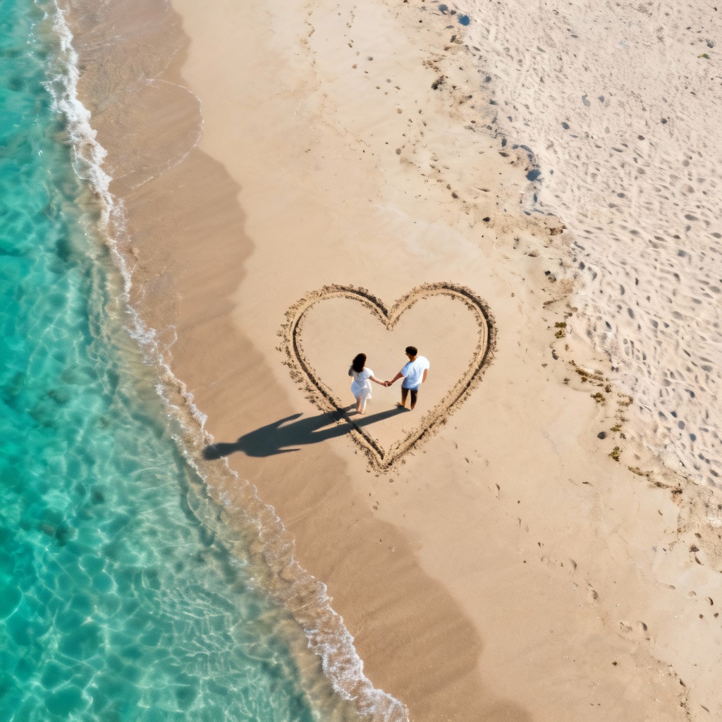 AI aerial beach heart in sand with couple inside
