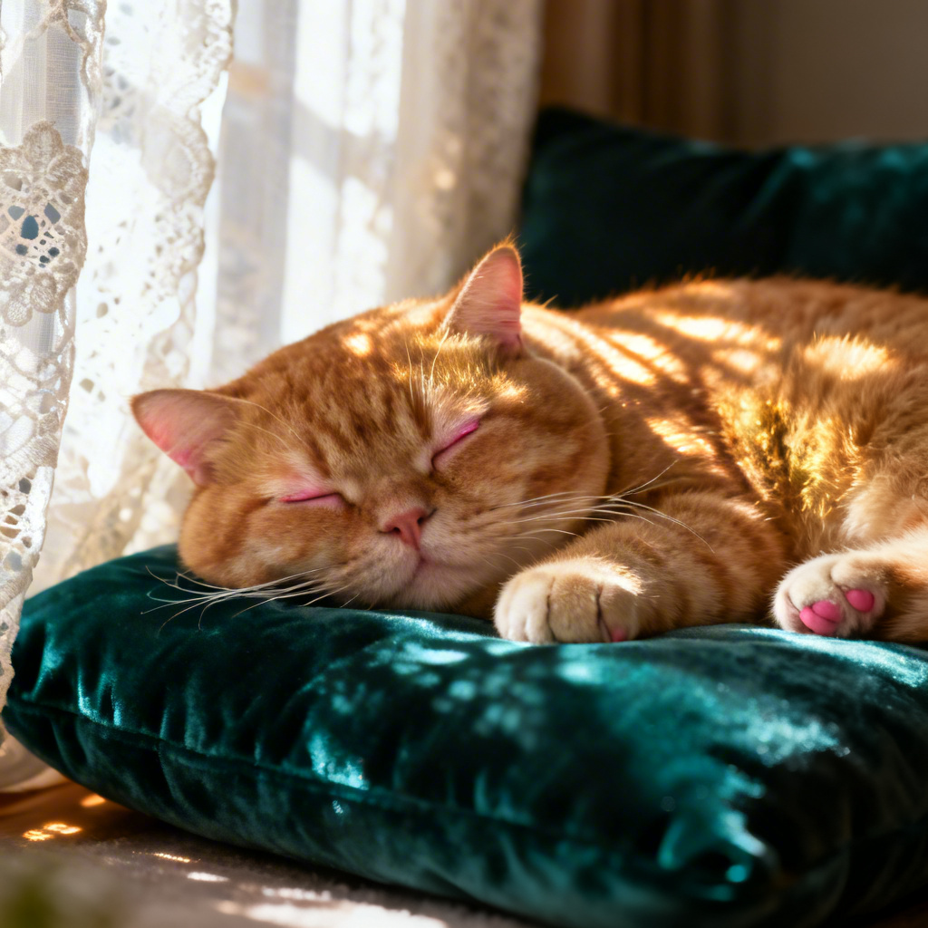 Realistic ginger chubby cat napping in warm sunlight