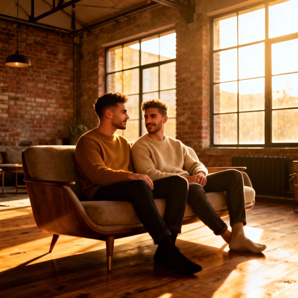 AI gay couple portrait in modern loft