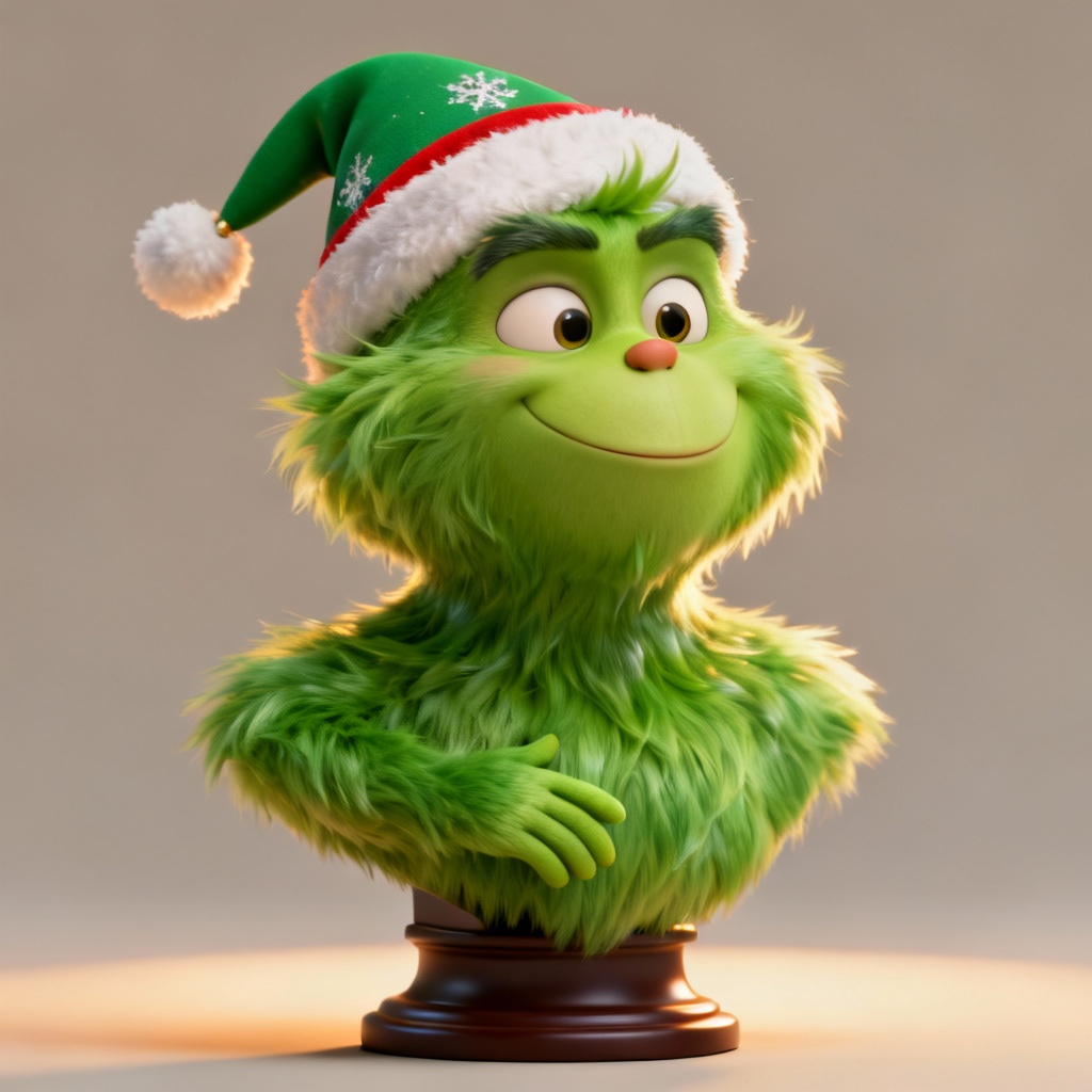 3D stylized Grinch head render with glossy fur detail