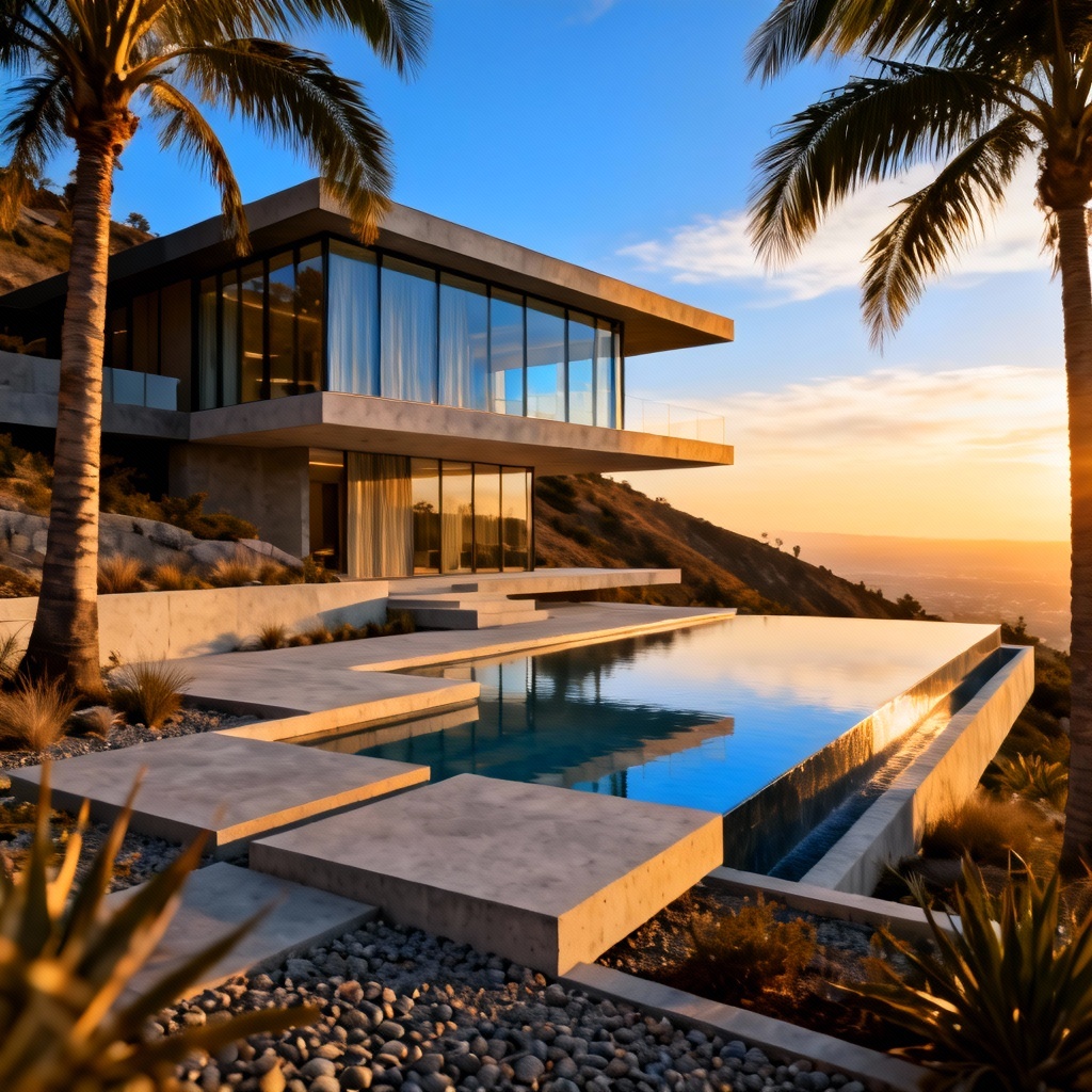 AI modern glass hillside mansion with infinity pool and palm trees