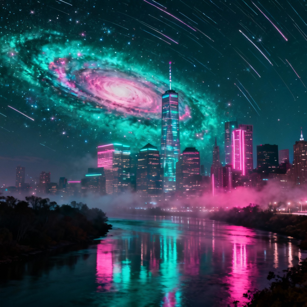 AI photomontage of city skyline blended with galaxy double exposure