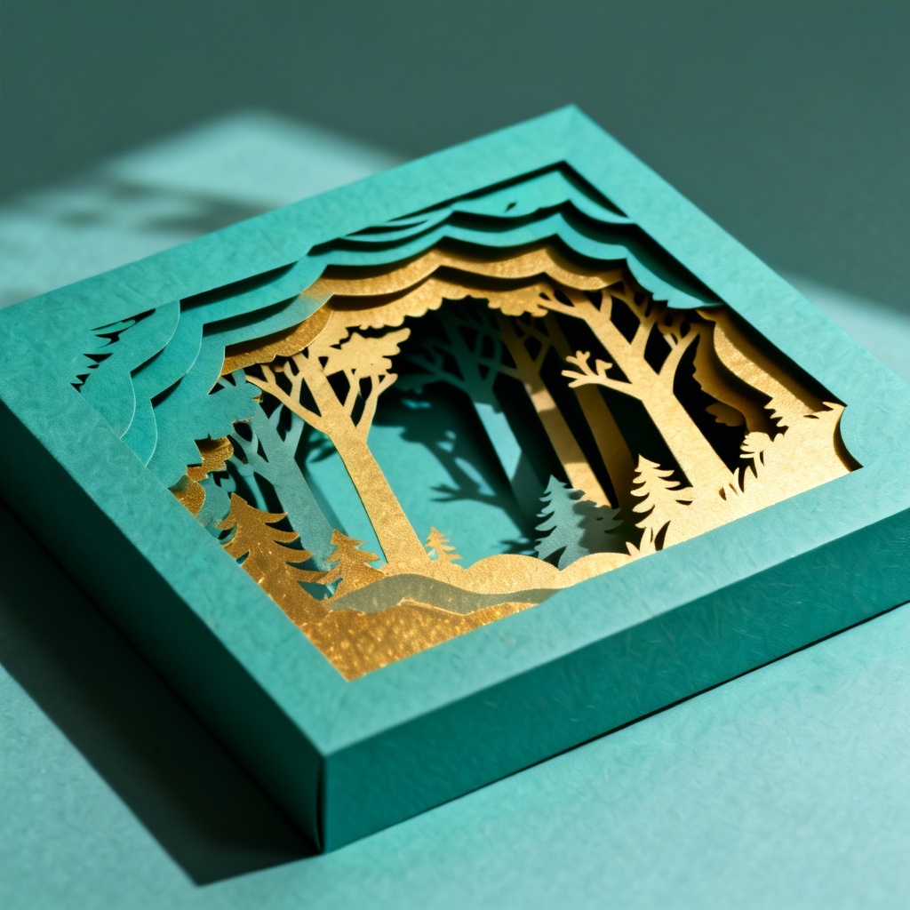 AI layered papercut forest shadow box artwork