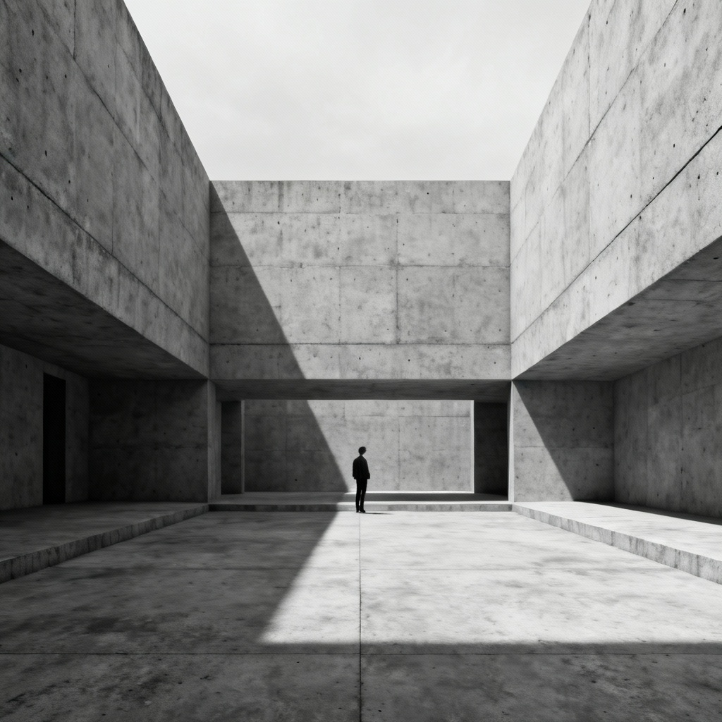 AI minimalist brutalist urban courtyard scene