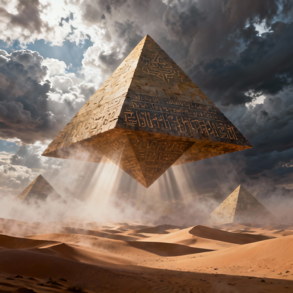 AI fantasy floating pyramids over dunes